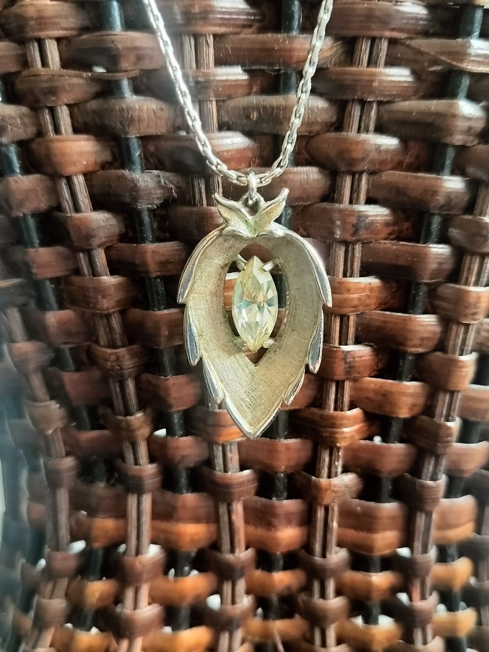Sarah Coventry Silver Leaf Pendant Necklace with Marquise Crystal